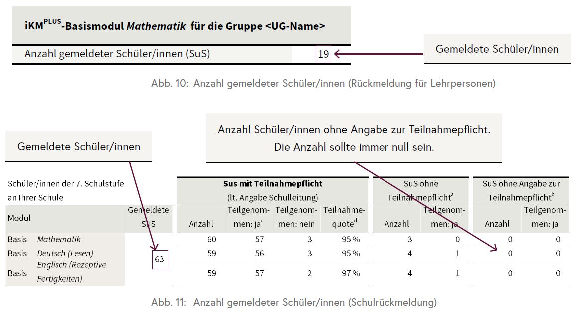 Die Tabelle gibt einen Überblick über die Anzahl der gemeldeten Schüler/innen an der Schule sowie deren Teilnahme an der iKM PLUS.