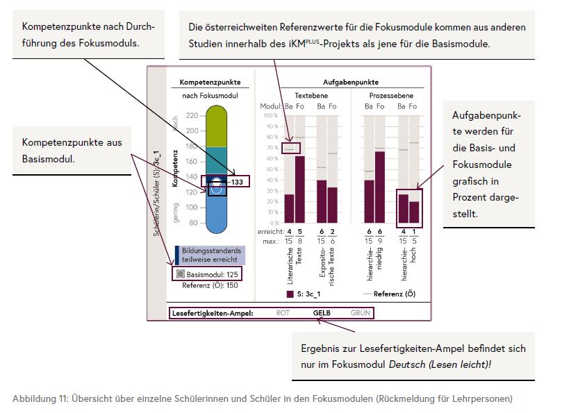 Die Grafik zeigt die Ergebnisse einer Schülerin/eines Schülers nach Durchführung eines Fokusmoduls hinsichtlich der erreichten Kompetenzpunkte und -stufe.