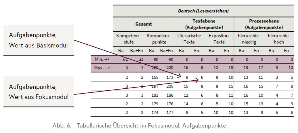 Die Tabelle zeigt die Ergebnisse der Schüler/innen im Basis- und Fokusmodul insgesamt, sowie getrennt für die Text- und Prozessebene.