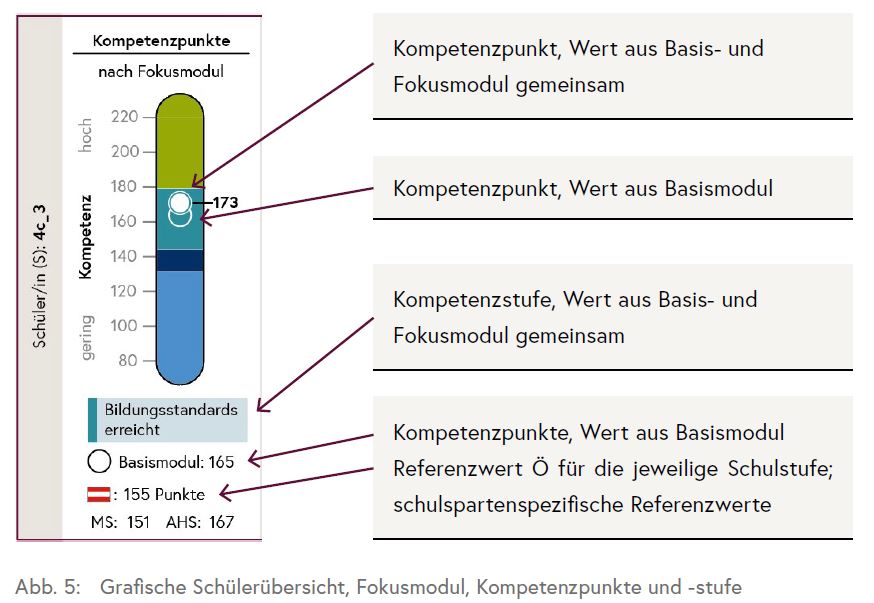 Die Grafik zeigt die Ergebnisse einer Schülerin/eines Schülers nach Durchführung eines Fokusmoduls hinsichtlich der erreichten Kompetenzpunkte und -stufe.