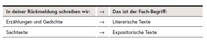 Die Tabelle erklärt Fachbegriffe, die bei der Rückmeldung im Bereich Lesen verwendet werden.