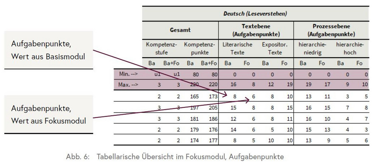 Die Tabelle zeigt die Ergebnisse der Schüler/innen im Basis- und Fokusmodul insgesamt, sowie getrennt für die Text- und Prozessebene.